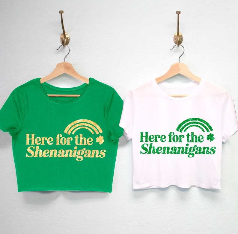 Here for the Shenanigans Women's St Patricks Day Crop Shirt, Glitter Print St Pattys Day Cropped ... | Etsy (US)