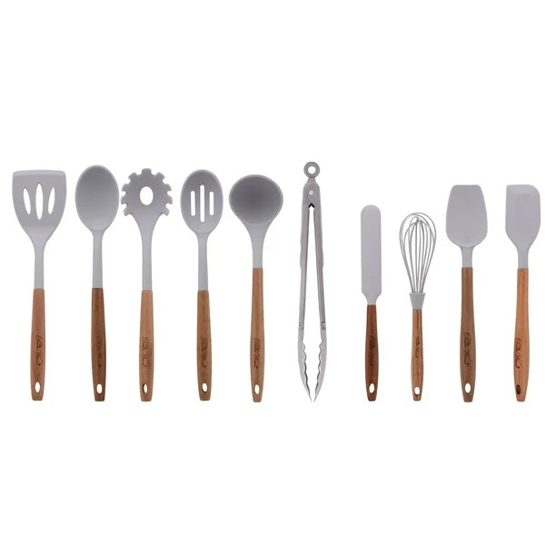 The Pioneer Woman Silicone Kitchen Utensils, 10 Piece Set, Gray, Acacia Wood Handle - Walmart.com | Walmart (US)