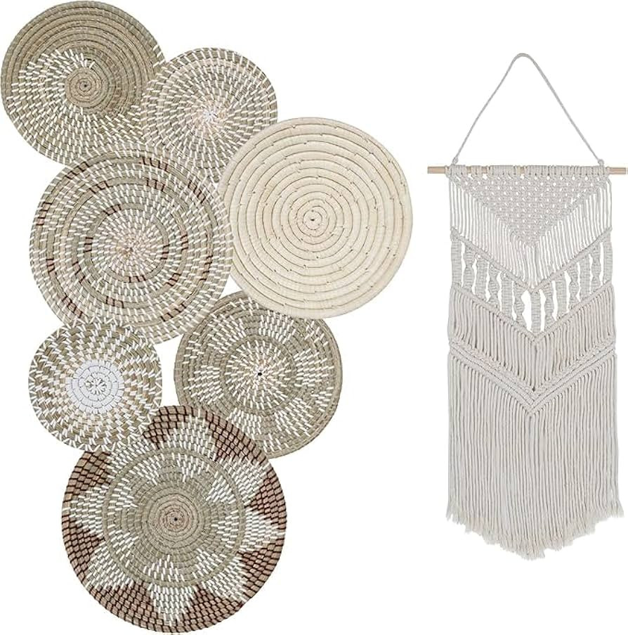Handcrafted Wall Basket Decor + Large Macrame; Seagrass Boho Wall Art Large Rustic Farmhouse Wall... | Amazon (US)