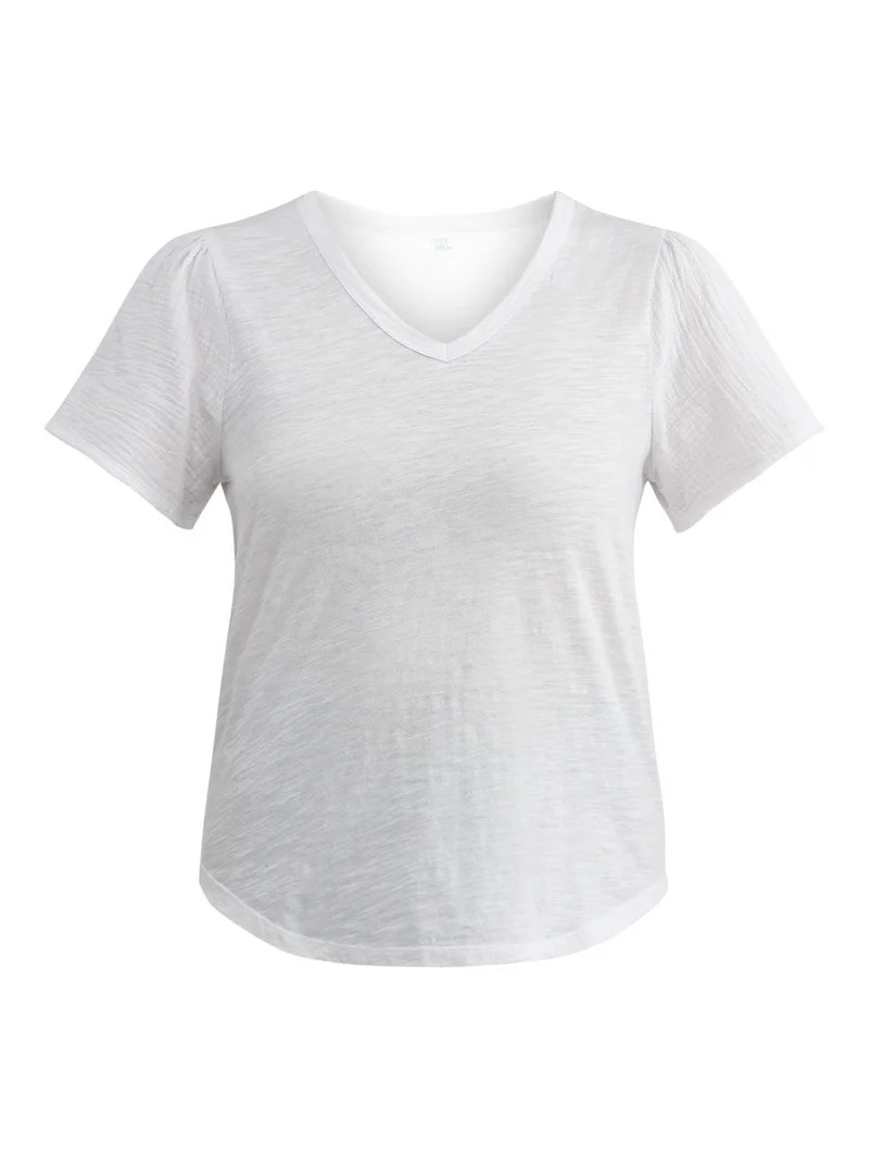 Time and Tru Women's Cotton Mixed Fabric V Neck Tee, Sizes XS-XXXL - Walmart.com | Walmart (US)