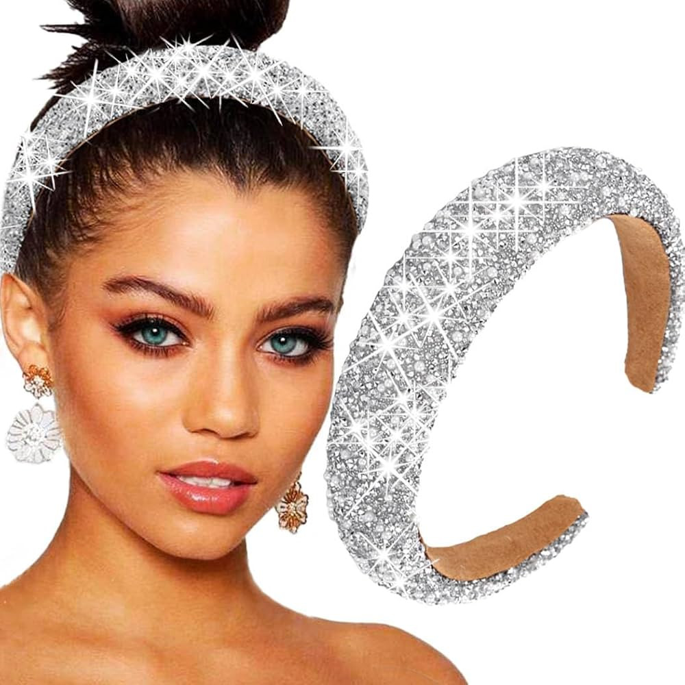 Rhinestone Pearl Headband Padded Wide Hairband Bling Crystal Headhoop Glitter Silver Head Bands f... | Amazon (US)