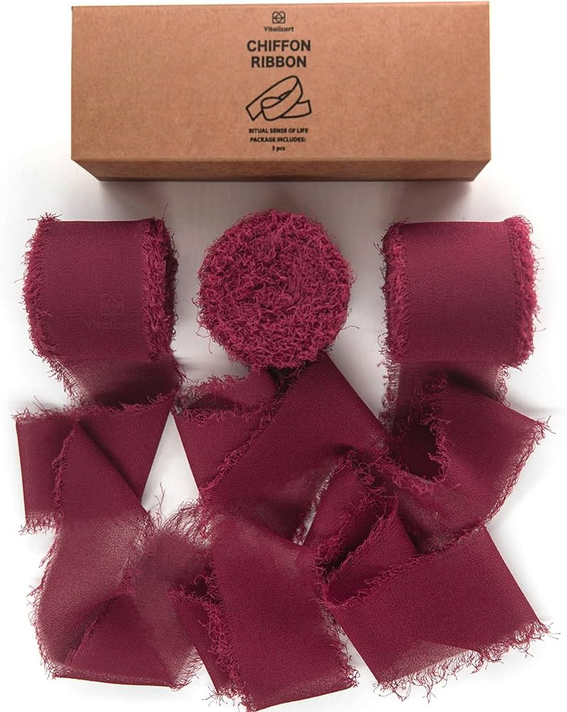 Vitalizart Burgundy Red Handmade Chiffon Silk Ribbon Fringe 3 Rolls 1.5" x 21 Yd Frayed Edges Rib... | Amazon (US)