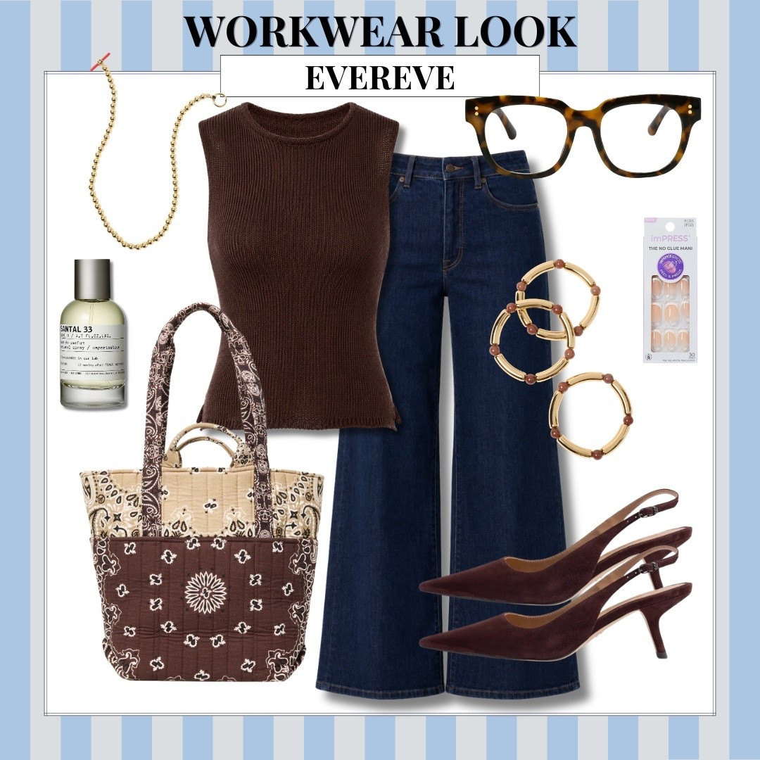 Chocolate brown is taking over my closet this season, and I’m not fighting it. This EverEve workwear look mixes rich brown tones with dark wide leg denim for an office outfit that feels very right for late summer into fall.

Workwear outfit, EverEve finds, chocolate brown, wide leg jeans, office outfit, fall workwear, sleeveless sweater, slingback heels, work tote, transitional style, AudrieDollins

#LTKWorkwear #LTKOver40 #LTKSeasonal