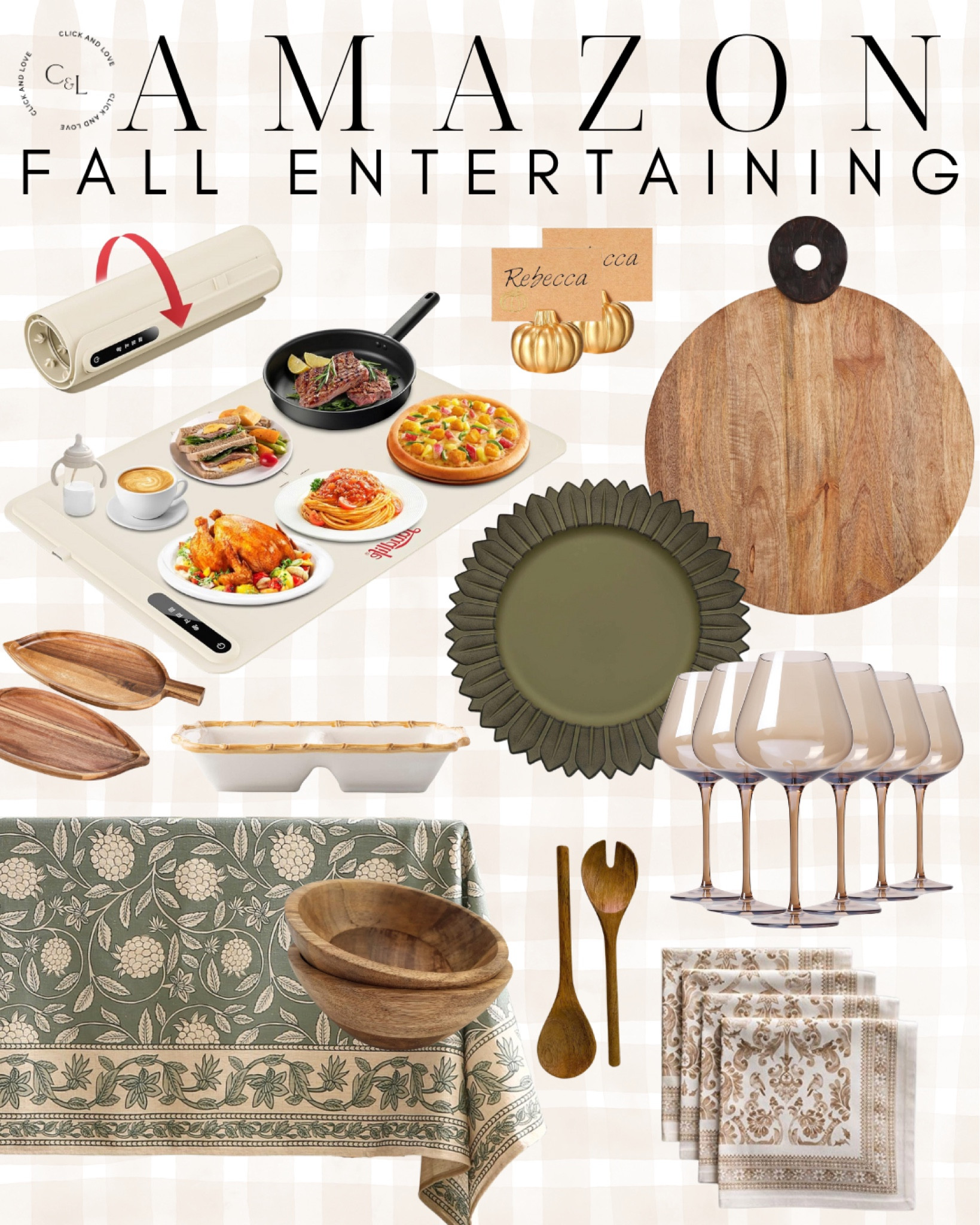 Fall entertaining must haves from Amazon! I love this mix of olive and brown tones to bring your get together to life. Also, this electric warming mat is a new game changer when you are prepping a warm meal!

Amazon must haves, entertaining essentials, party, fall party, seasonal party, get together, book club, host, hostess, hosting items, wooden cutting board, serving tray, plates, brown goblets, wine glasses, fall napkins, napkin set, brown patterned cocktail napkins, wooden servers, warming tray, pumpkin place cards, serving utensils, hostess with the mostest, tablecloth, block print tablecloth 

#LTKStyleTip #LTKFindsUnder50 #LTKSeasonal