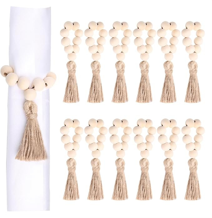 Set of 12 Wood Bead Napkin Rings with Jute Rope Tassels for Christmas Farmhouse Wedding Home Dini... | Amazon (US)
