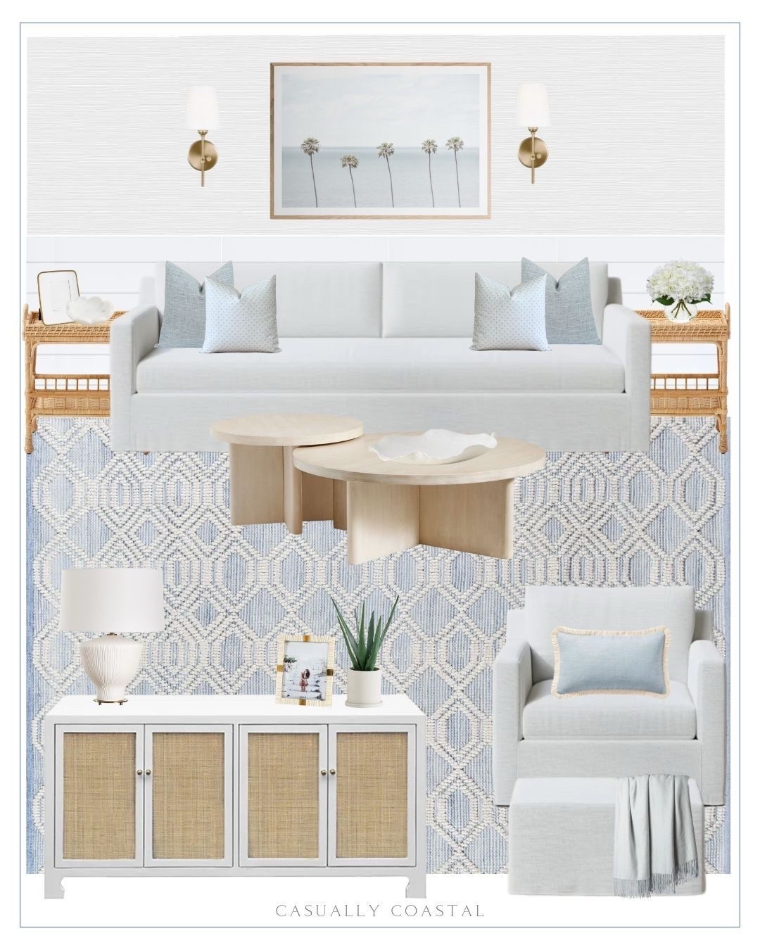 Coastal Living Room Design! Several pieces are currently on sale! 
-----
Coastal home, coastal rug, coastal couch, coastal coffee table, coastal pillows, coastal wall art, coastal artwork, Etsy pillows, round nesting coffee tables, pottery barn coffee table, wayfair rugs, geometric indoor rug, textured rugs, living room rug, blue rugs, blue & white rugs, rugs on sale, ryder rug look for less, 3x5 rugs, 5x8 rugs, 8x10 rugs, 9x12 rugs, serena & lily look for less, designer look for less, white sofas, neutral sofa, linen slipcover sofa, linen slipcover chair, living room chair, living room furniture, living room ideas, linen slipcover ottoman, 58” sideboard, living room sideboards, media console, woven sideboards, coastal sideboards, coastal wallpaper, of white faux grass cloth wallpaper, throw blanket, blue blanket, rattan side table, living room end tables, artwork for above couch, living room artwork, Etsy wall art, beach print wall art, coastal artwork, beach artwork, blue and white block print pillow cover, textured pillow cover, coastal table lamp, white lamps, coastal lighting, dimmable sconce, Anthropologie bowl, coffee table decor, decorative bowls, picture frames, faux potted aloe succulent, marble dish, jewelry dish, artificial hydrangeas, rattan sideboard, living room accessories, brass sconces

#LTKFindsUnder100 #LTKHome #LTKSaleAlert
