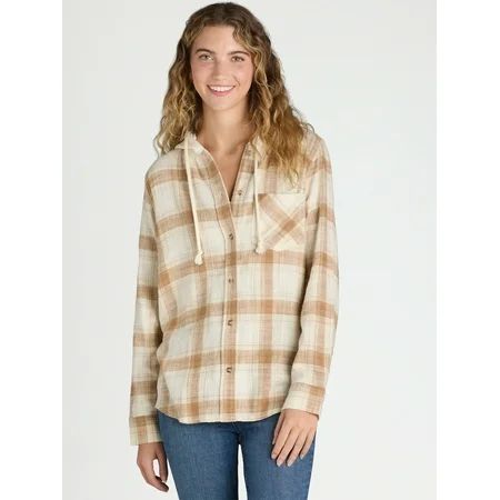 Time and Tru Women's Hooded Flannel Button Down Shirt with Long Sleeves, Sizes XS-XXXL | Walmart (US)