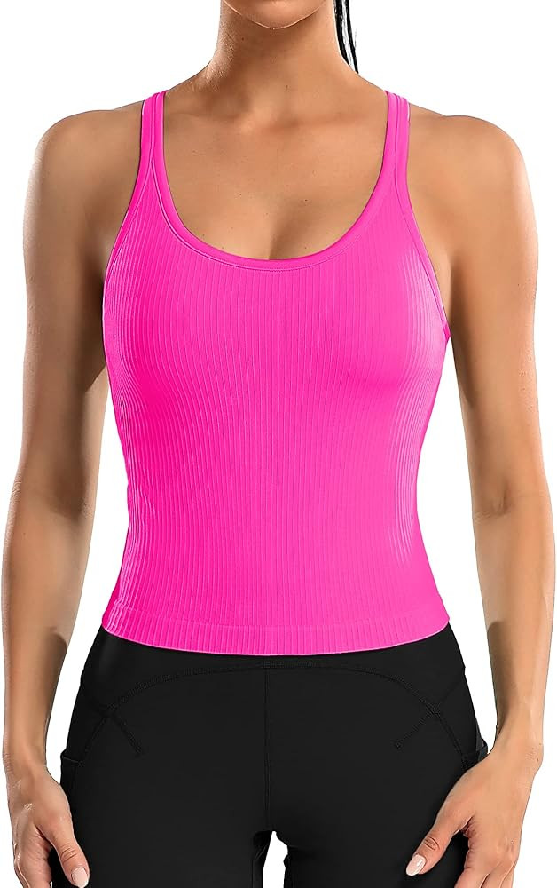 ATTRACO Women Ribbed Workout Crop Tops with Built in Bra Yoga Racerback Tank Top Tight Fit | Amazon (US)