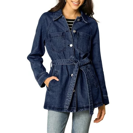 DARING DIVA Woman s Boyfriend Tie Waist Denim Jacket with Pockets XL Dark Blue | Walmart (US)