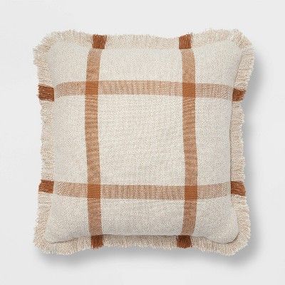 18"x18" Woven Plaid Square Throw Pillow with Fringe Cream/Brown - Threshold™ | Target