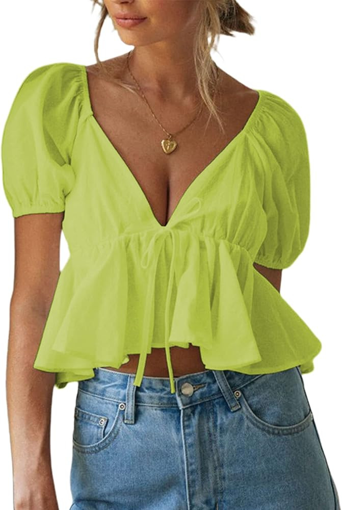 Remidoo Women's Peplum Tops Short Sleeve Tie Back V Neck Ruffle Hem Crop Top Blouse Green X-Small | Amazon (US)