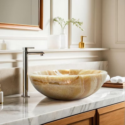 Orange Onyx Vessel Sink – Handcrafted Round Bathroom Basin, 14.76 Inch Polished Natural Stone Sink with Unique Veining, Durable Marble Sink Bathrooms | Target