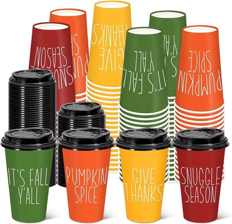 JarThenaAMCS Fall 48 Pcs 4 colors Coffee Cups with Lids 16 Oz Autumn Thanksgiving Disposable Coff... | Amazon (US)