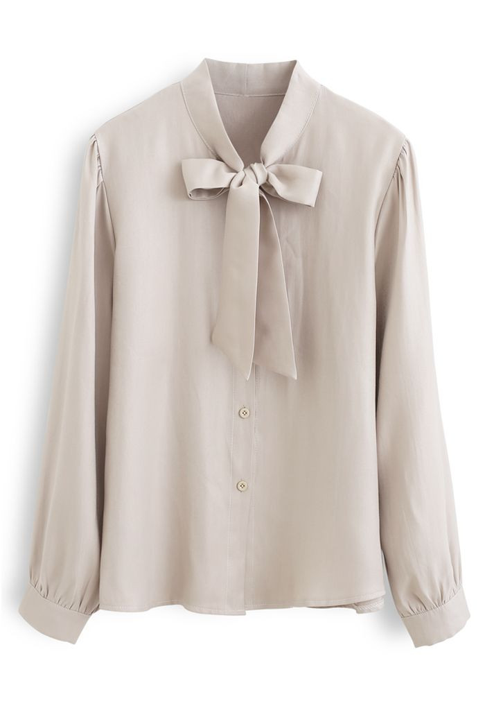 Shimmer Bowknot Button Down Shirt in Cream | Chicwish