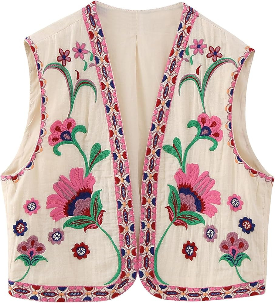Arssm Women Floral Embroidered Vest Y2k Vintage Sleeveless Open Front Fashion Casual Boho Vest To... | Amazon (US)