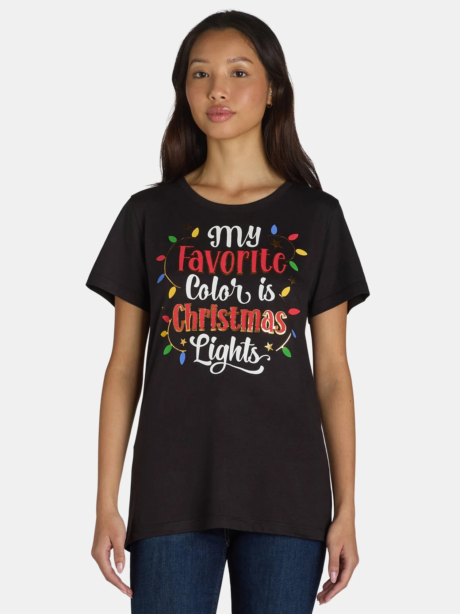 Holiday Time Women's Lights Christmas Graphic Tee, Sizes S-3XL | Walmart (US)