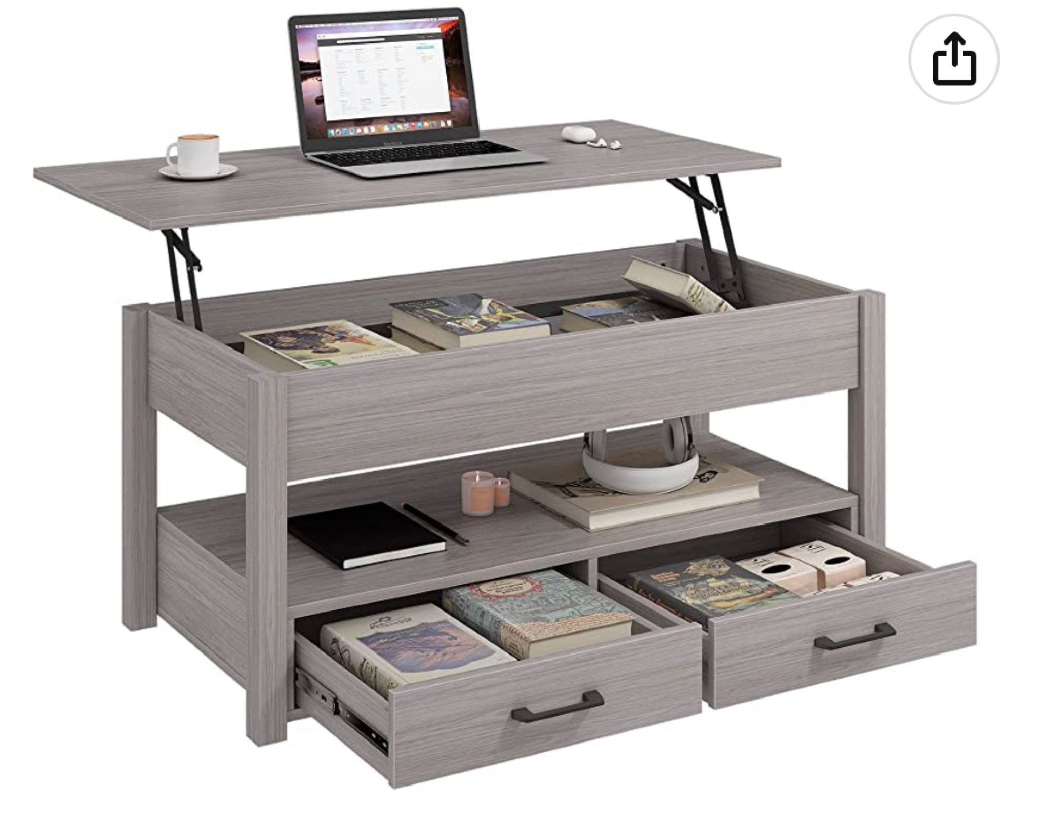 This coffee table gives 2 drawers, an open shelf, and hidden compartment covered by the top that raises. I love that the top raises which makes working from home easier or eating on the couch easier. Comes in gray and black  

#LTKFind #LTKfamily #LTKhome