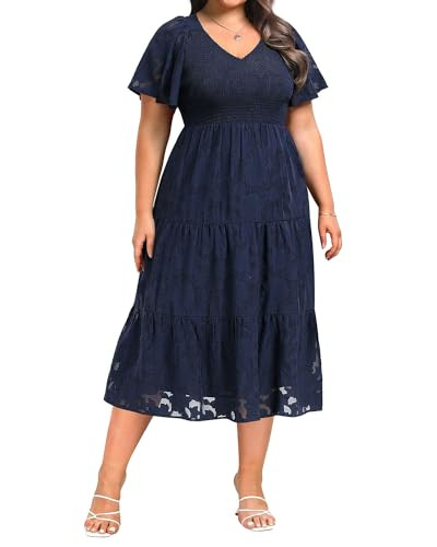 Pinup Fashion Plus Size Fall Wedding Guest Dress - Long Sleeve V Neck Floral Lace Smocked Flowy T... | Amazon (US)
