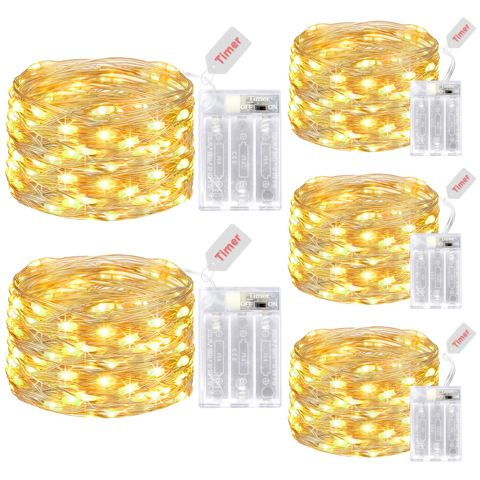 kolpop 5 Pack Fairy Lights Battery Operated with Timer, 16FT 50LED String Lights Warm White, Chri... | Amazon (US)