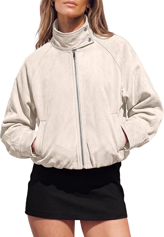 luvamia Faux Suede Jackets Women Cropped Funnel Neck Zip Up Fall Outerwear | Amazon (US)