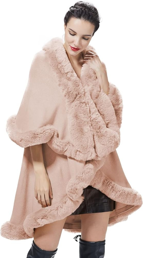 Winter Poncho Shawl Wrap Women Cape Faux Fur Trim Coat Sleeveless Cardigan Dressy Cloak | Amazon (US)