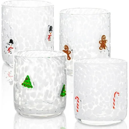 4 Pcs Christmas Icon Glass Cups Set - 14 oz Snowman Gingerbread Man Candy Cane Xmas Tree Stemless Wine Glasses Double Old Fashioned Icon Juice Glasses Drinking Cups for Holiday Party Supplies | Walmart (US)