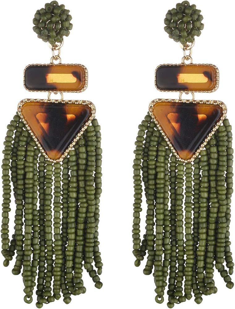 Nicole Miller New York Green Beaded Tassel Drop Leopard Print Triangle Dangle Earrings | Amazon (US)