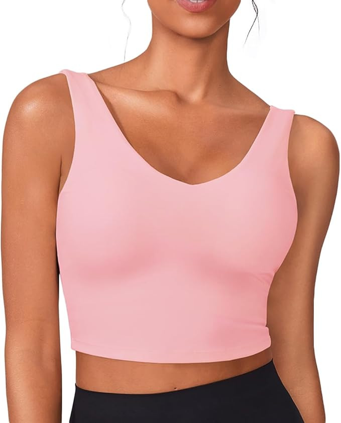PINSPARK Sports Bras for Women Built in Bras Padded Yoga Bra V Neck Longline Workout Tank Tops wi... | Amazon (US)
