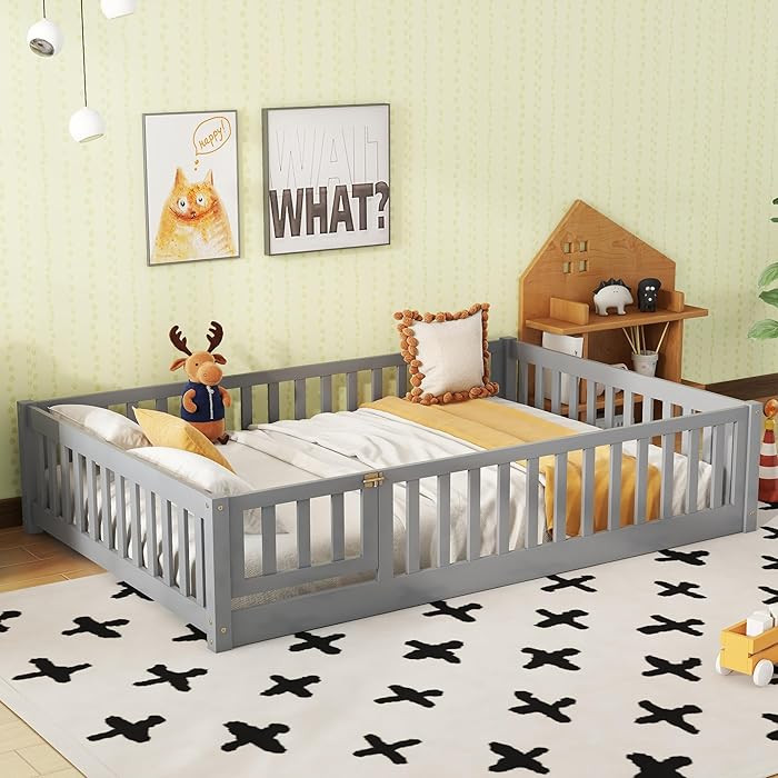 Full Size Floor Bed with Door and Fence for Kids, Montessori Floor Bed with Slats and Safety Guar... | Amazon (US)