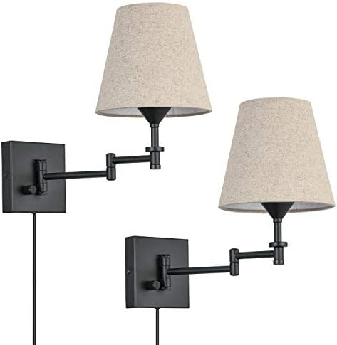 Pauwer Plug in Wall Sconce Set of 2 Adjustable Swing Arm Wall Lamps for Bedroom Beige Fabric Shad... | Amazon (US)