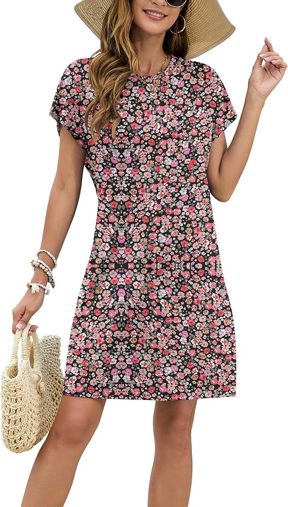 PLOKNRD Women's Casual Dress Summer Short Sleeve Crewneck Mini Tshirt Shift Dress Outfits 2025 | Amazon (US)