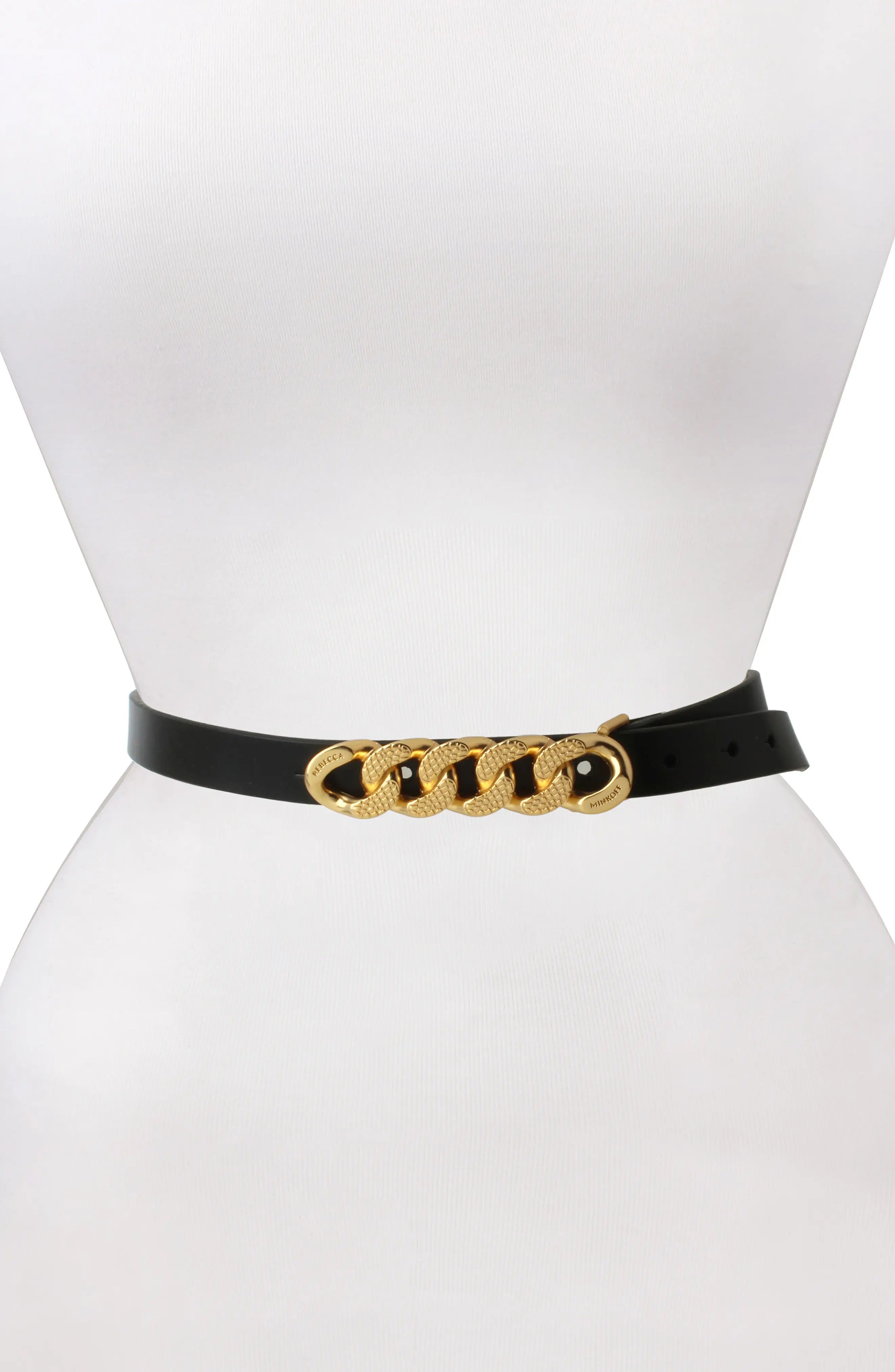Women's Rebecca Minkoff Chain Detail Leather Belt, Size Large - Black / Polished Brass | Nordstrom