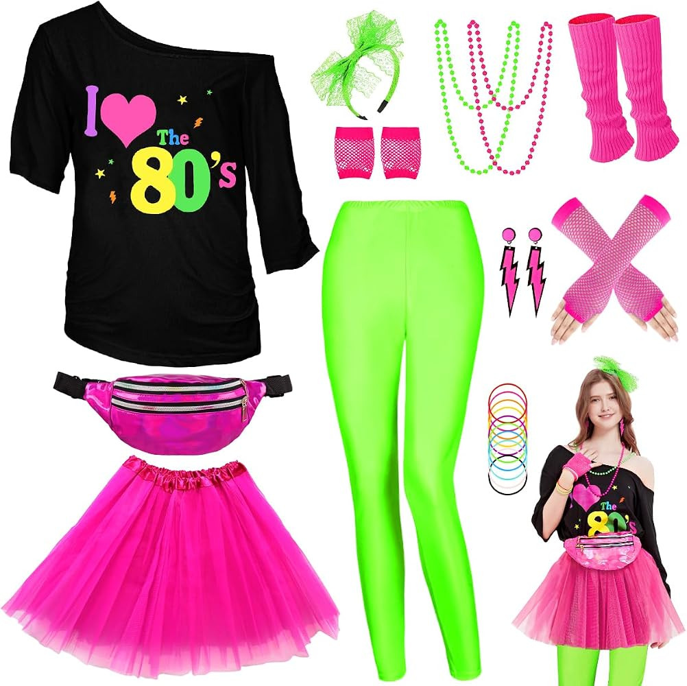 WlLDPARTY 80s Outfit Women Costume Accessories Set, T Shirt Leggings Tutu Skirt Fanny Pack Headba... | Amazon (US)