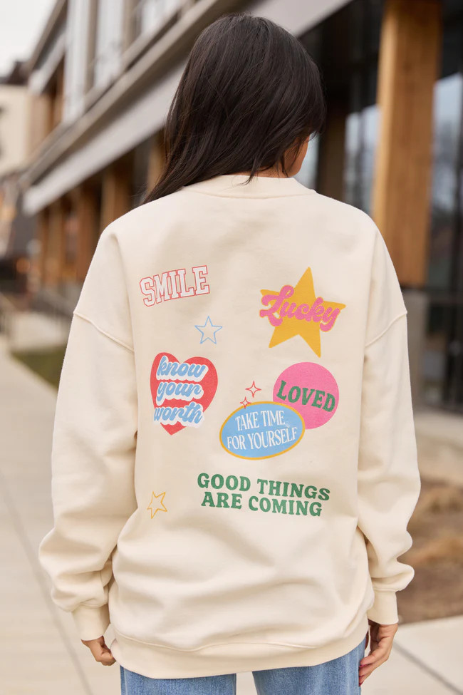 Positive Stickers Cream Graphic Sweatshirt SALE | Pink Lily