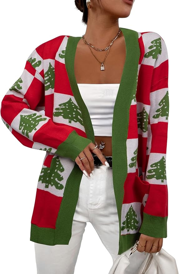 Ugly Christmas Sweater Christmas Cardigan Checkered Sweaters Knit Cardigans for Women Xmas Open F... | Amazon (US)