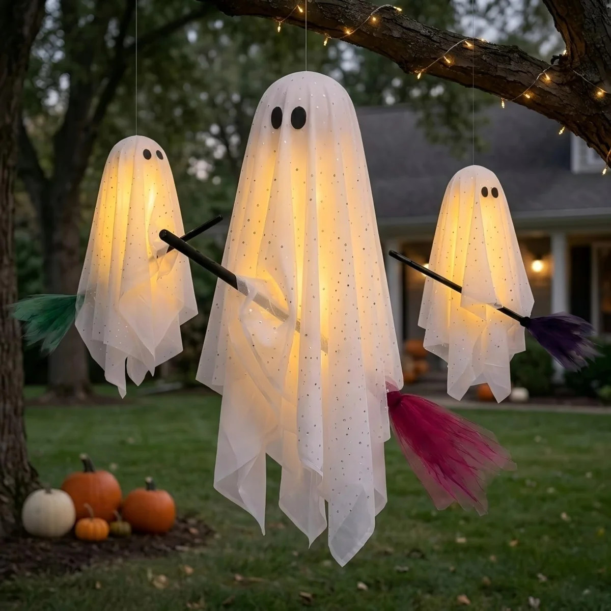 Halloween Decorations Outdoor 3 Pack Hanging Ghosts On Brooms With Built-in Warm Lights Flying Gh... | Wayfair North America