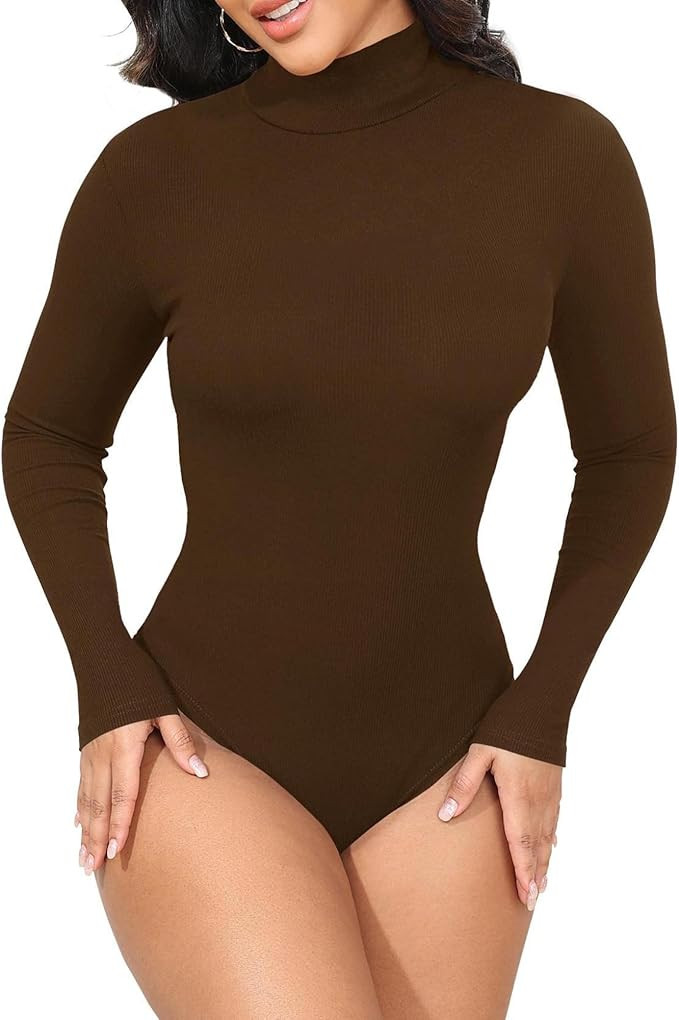 GEMBERA Womens Stretchy Long Sleeve Turtleneck Ribbed Knit Fitted Basic Bodysuit Shirt | Amazon (US)