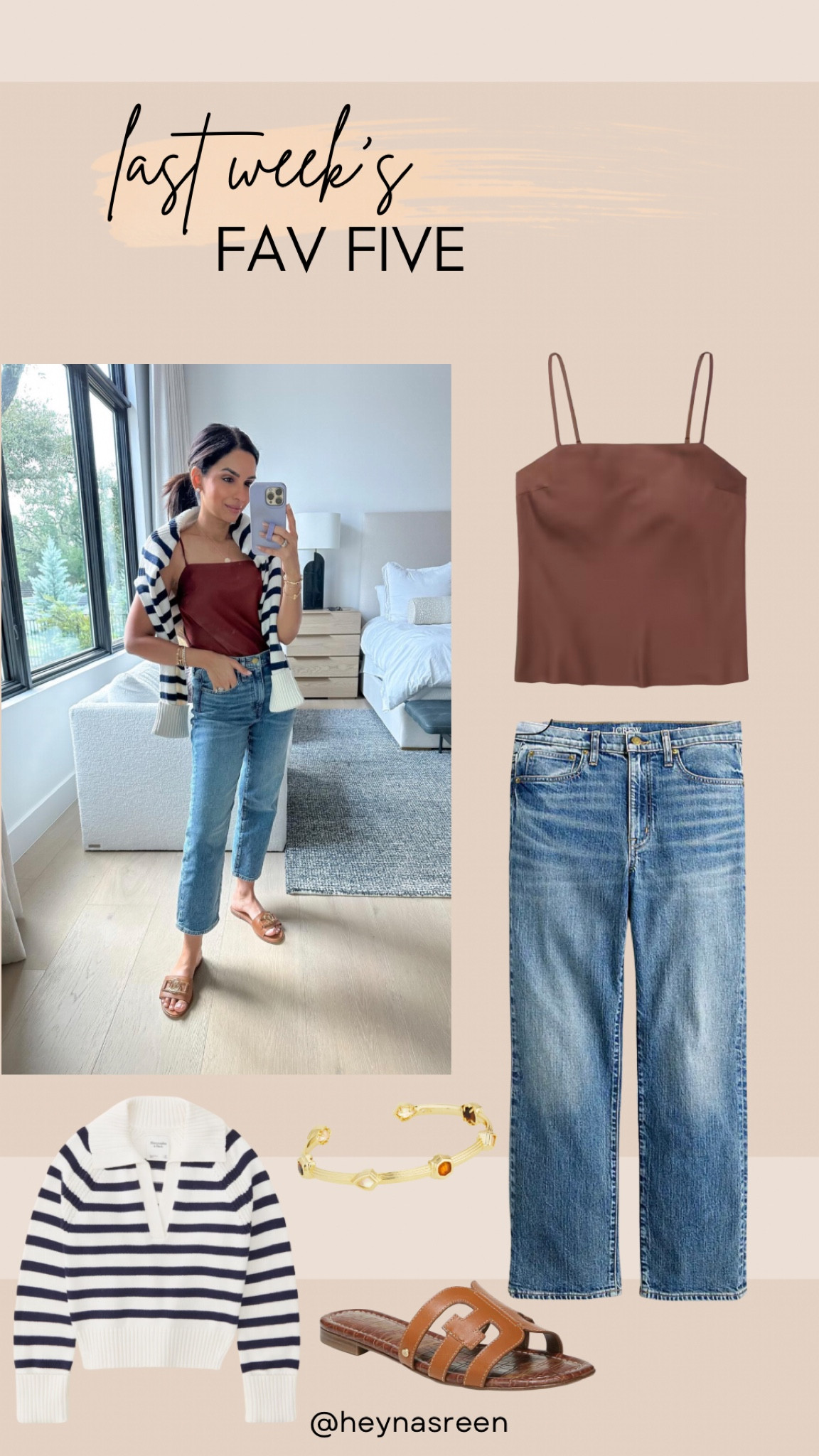 Fav 5 featuring Abercrombie sweater & satin top, J.Crew jeans 

#LTKstyletip