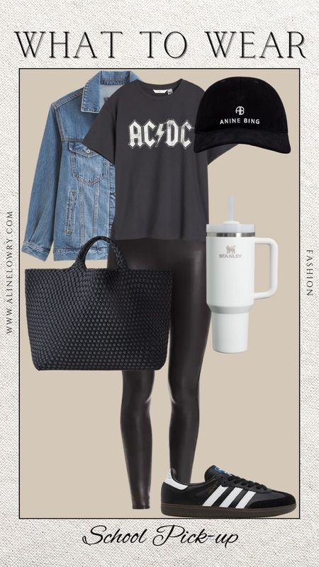 What to wear - school pick up/ drop off. Casual outfit idea. Black leggings, tee shirt, jean jacket, stylish cap, samba shoes. 

#LTKSeasonal #LTKstyletip #LTKU