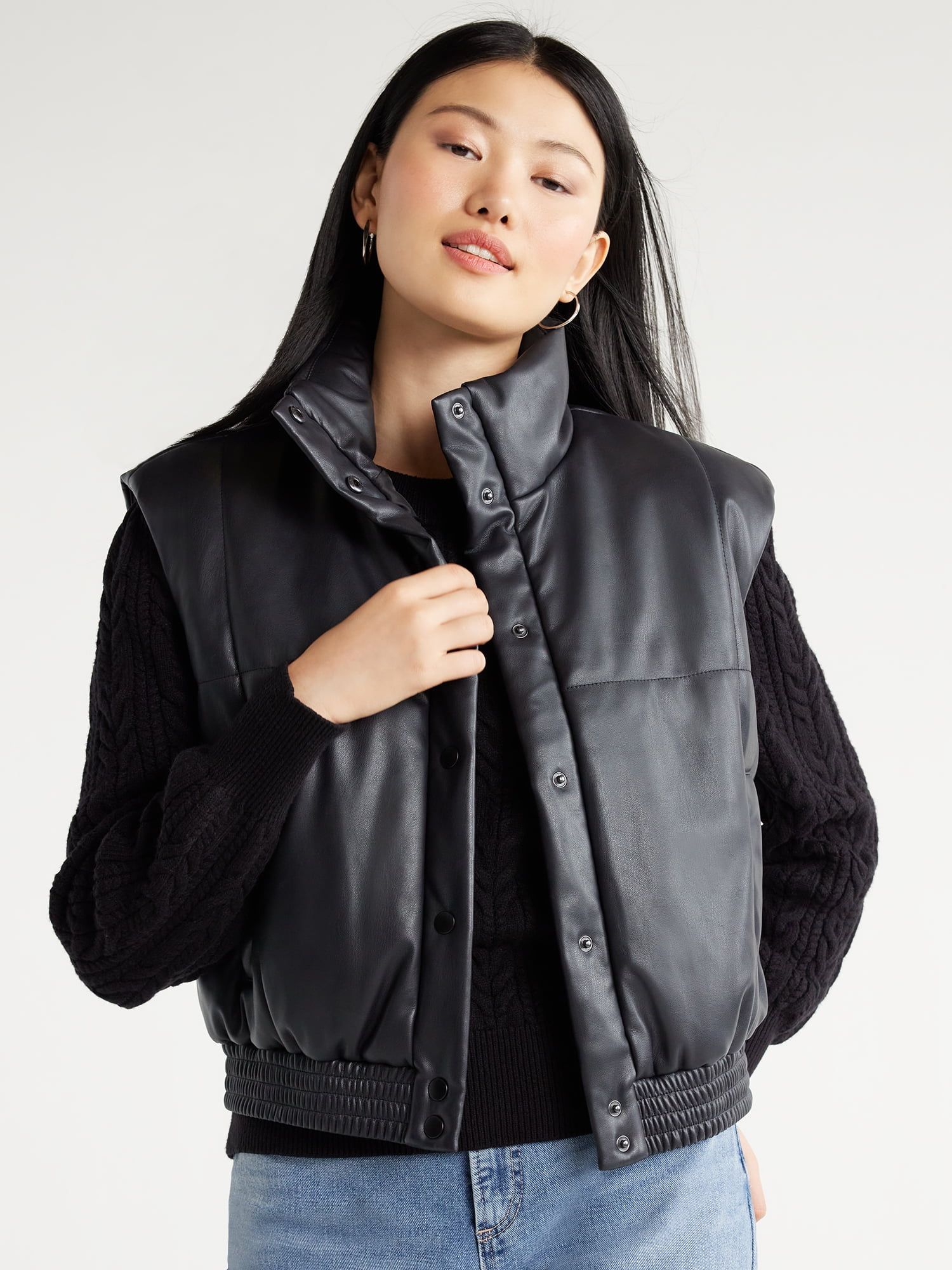 Scoop Women's Faux Leather Puffer Vest, Sizes XS-XXL | Walmart (US)