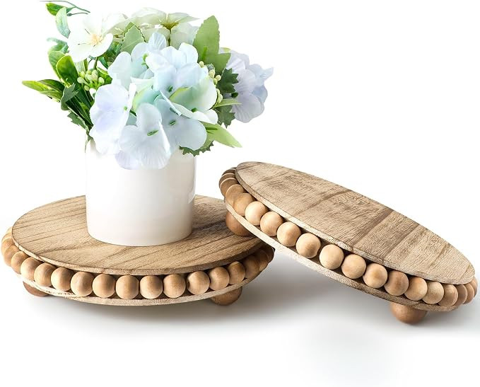 2 Pcs Beaded Wood Pedestal Stand Wooden Risers for Display Farmhouse Round Display Stands Decorat... | Amazon (US)