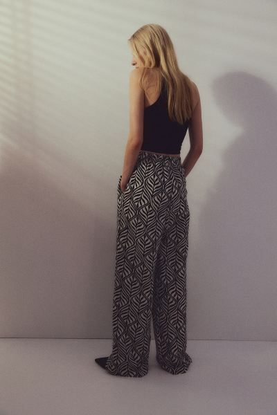 Linen-blend Pull-on Pants - White/black patterned - Ladies | H&M US | H&M (US + CA)