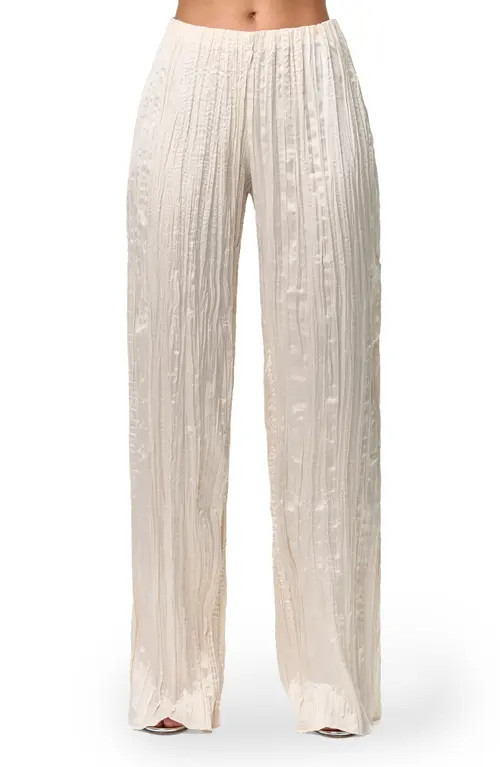 Naked Wardrobe Plissé Straight Leg Satin Pants in Crema at Nordstrom, Size X-Large | Nordstrom