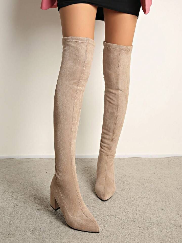 Women's Knee-high Boots With Pointed Toe, Chunky Heel, And Back Zipper | SHEIN