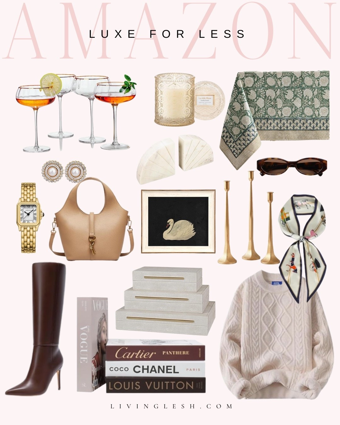 Elevated home | Amazon looks for less | Luxe for less | Amazon finds | Amazon home | Amazon fashion | Coffee table books | Candle holder | Neck scarf | Purse | Leather boots | Watch | Martini glasses

#LTKstyletip #LTKhome #LTKfindsunder100