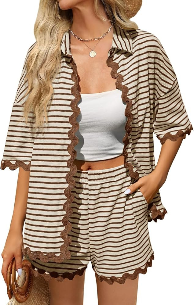 Tankaneo Womens 2 Piece Lounge Set Striped Outfits Short Sleeve Button Down Shirts and Shorts Sum... | Amazon (US)