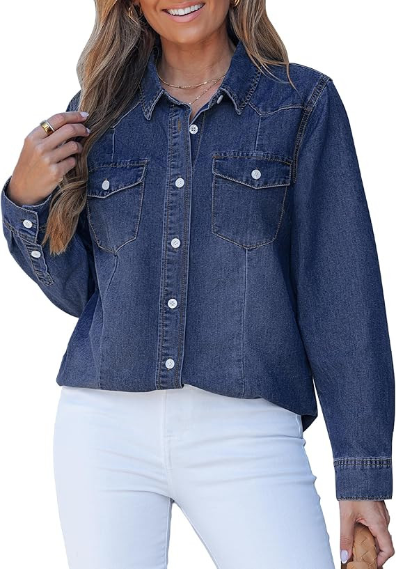 luvamia Denim Shirts for Women Long Sleeve Button Down Chambray Relaxed Fit Western Jean Shirts C... | Amazon (US)