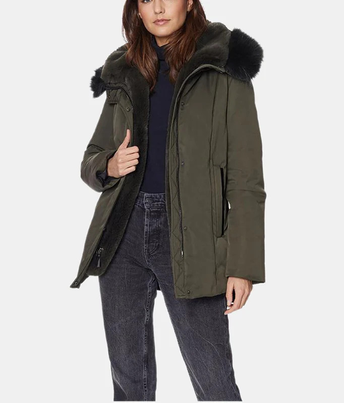 Dawn Levy Luka Fitted Parka with Velvet & Fur Trim - Green - XS | Verishop