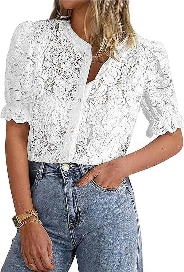 PRETTYGARDEN Womens Summer Lace Tops Short Puff Sleeve Casual Dressy Blouses Eyelet Crew Neck But... | Walmart (US)