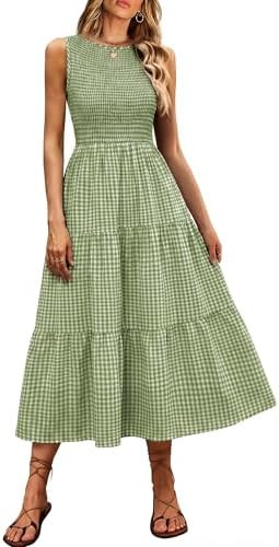 ANRABESS Women's Summer Casual Maxi Dress Sleeveless Crewneck Smocked 2026 Flowy Plaid Tiered Boh... | Amazon (US)
